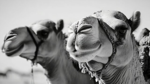 A group of camels walking through the sand dunes. The camels are facing various directions with a blurred background.