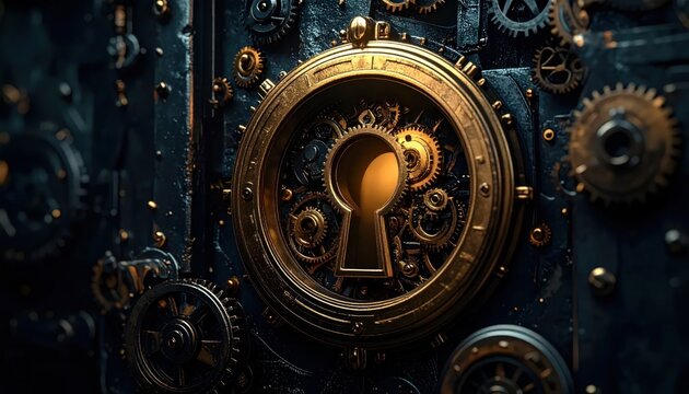Glowing keyhole inside complex golden steampunk machinery gears