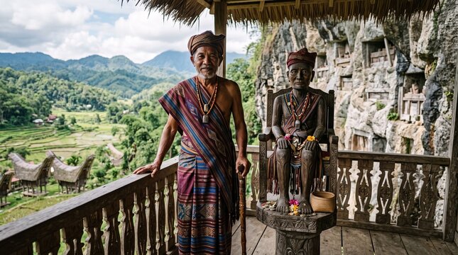 Elder man in traditional textiles standing beside an ancestral wooden grave