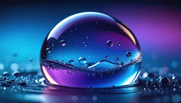 Water sphere with bubbles on reflective blue and purple surface