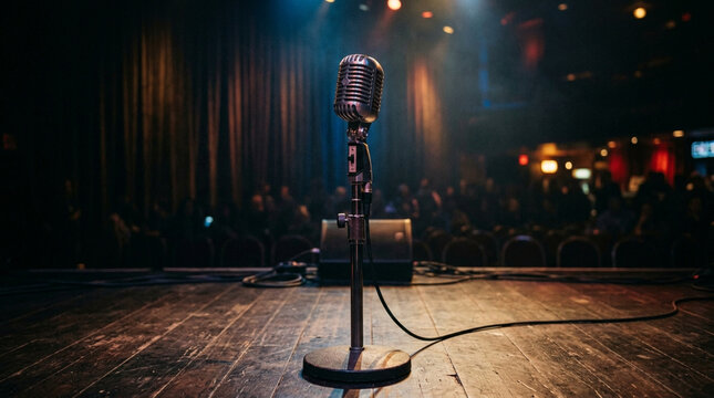 Vintage Microphone on Empty Stage, Spotlight, Curtain, Audience
