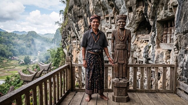 Man standing beside traditional wooden statue on cliffside balcony with ancestor