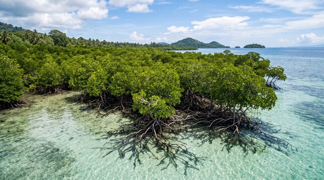 Aerial view of mangrove forest over turquoise ocean water with mangrove