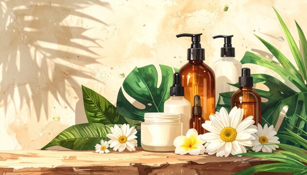 Organic skincare products with tropical leaves and white flowers