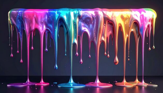 Colorful iridescent paint dripping down a dark surface