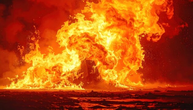 Massive fireball engulfing a stealth vehicle on scorched ground