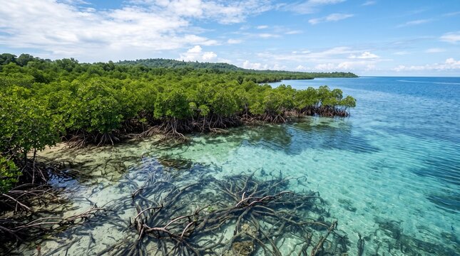Sunlit mangrove forest along pristine turquoise tropical shore with mangrove
