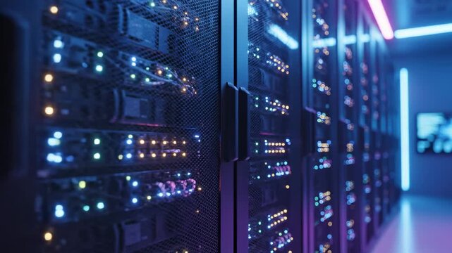 Server room with glowing lights, racks of computer equipment, data center technology, networking infrastructure, and digital information storage