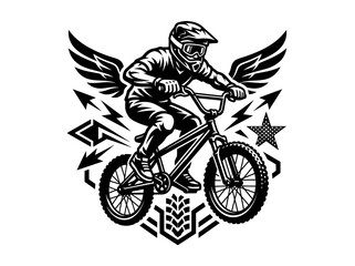 Fototapeta premium Black and White Line Art BMX Rider with Wings Emblem - Extreme Sports Bicycle Motocross Vector Graphic