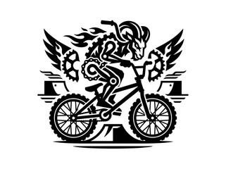 Fototapeta premium Extreme Sports Cycling: Black White Silhouette of a Mythical Ram Biker on a BMX Bicycle with Wings and Gears