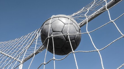 Naklejka premium Soccer ball hitting the back of the net against a blue sky, concept of winning, scoring a goal, and success in sports