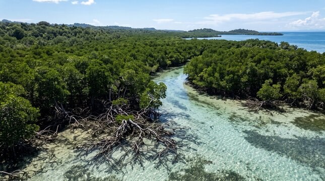 Aerial view of a dense tropical mangrove forest with clear shallow coastal water