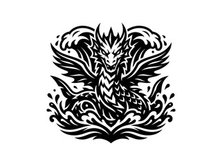 Obraz premium Powerful Mythical Water Dragon Tribal Glyph - Stylized Black and White Art for Fantasy Heraldry