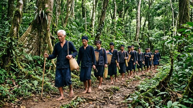 Indigenous men walking in single file through dense tropical rainforest