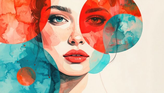 Abstract watercolor portrait of woman with red lips and circles