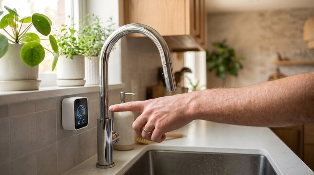 Hand Touching Smart Water Filter Sensor Screen by Chrome Kitchen Faucet