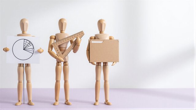 Three wooden mannequins hold charts, rulers, and a folder symbolizing planning or project management.