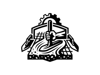Naklejka premium Construction Industry Logo: Trowel and Gear Symbol in Black and White Line Art Style