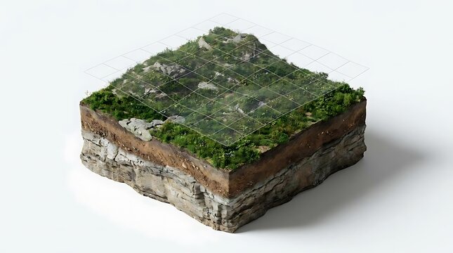 A 3d cross-section of a rocky terrain surface model with a geo overlay templates grid for professional land survey data visualization and mapping design