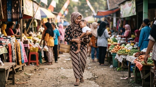 Indonesian woman walking through busy market with sleeping baby, sleeping