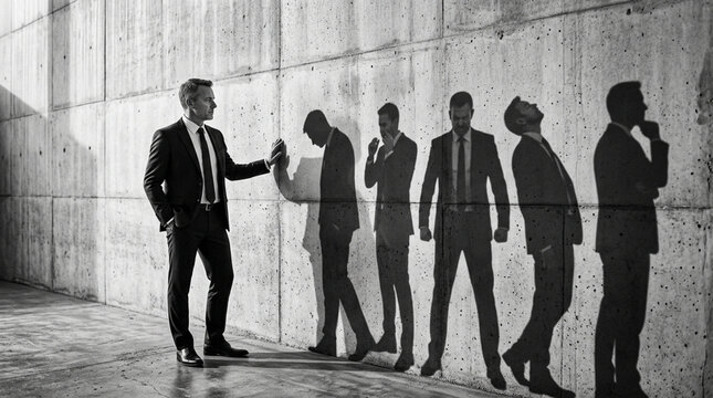 Businessman with shadow selves against concrete wall, concept of inner conflict