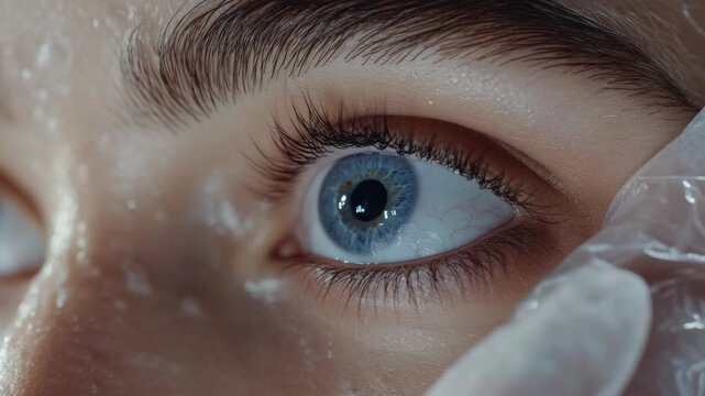 A person's eye up close showing their iris and eyelashes.