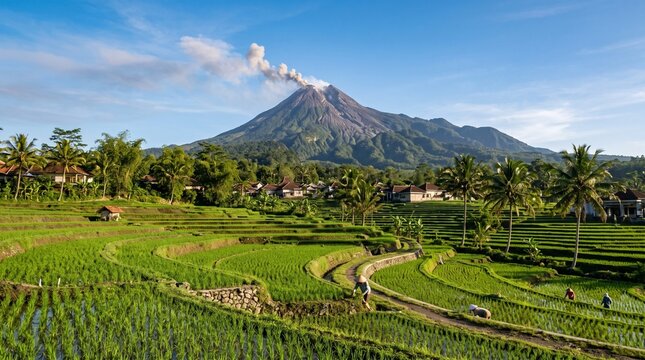 Lush green rice terraces and smoking volcano landscape under clear sky