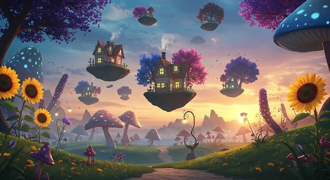 Fantasy landscape with floating houses and sunflowers.