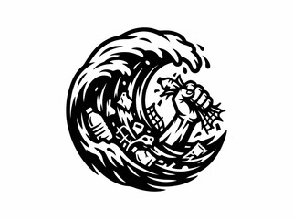 Fototapeta premium Environmental Black and White Graphic Wave Icon depicting Hand and Ocean Plastic Pollution Waste