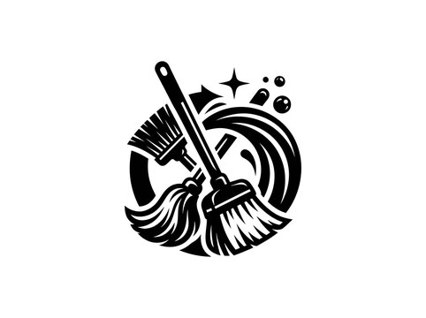 Cleaning Service Industry Glyph Logo with Broom, Mop, and Brush  Monochrome Vector Illustration