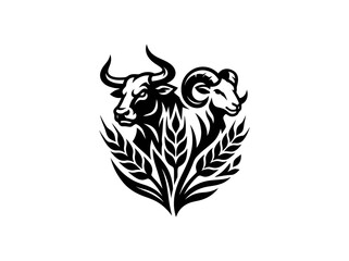 Fototapeta premium Monochrome Farming Agriculture Logo with Stylized Bull, Ram, and Wheat Heads - Livestock Grain Vector Emblem