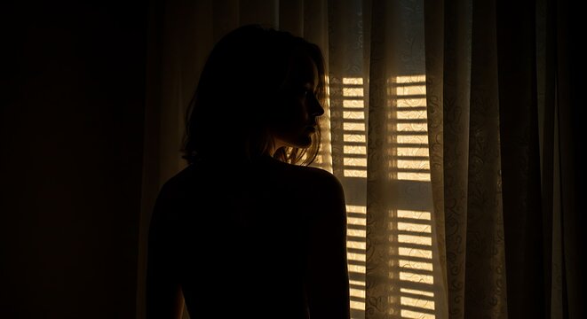 Silhouette of woman looking through blinds.