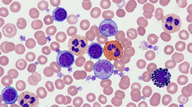 Microscopic blood smear with white blood cells and red blood cells