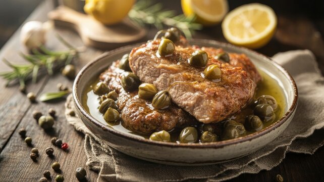 The national dish of Italian cuisine. 
Scaloppine ai capperi are Italian medallion cutlets made from veal or pork, grilled with capers with smoke and drizzled with lemon-butter sauce. 