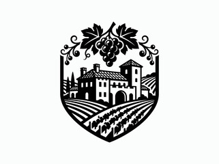 Obraz premium Black White Monochromatic Winery Estate Emblem with Grape Vine and Vineyard Landscape Silhouette