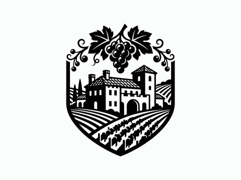 Black  White Monochromatic Winery Estate Emblem with Grape Vine and Vineyard Landscape Silhouette
