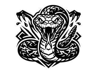 Obraz premium Black White Stylized Cobra Snake Mascot Graphic Vector Art. Aggressive Serpent Tattoo Design for Gaming Industry.