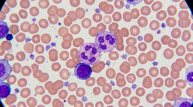 Microscopic view of human blood cells, neutrophils and lymphocytes
