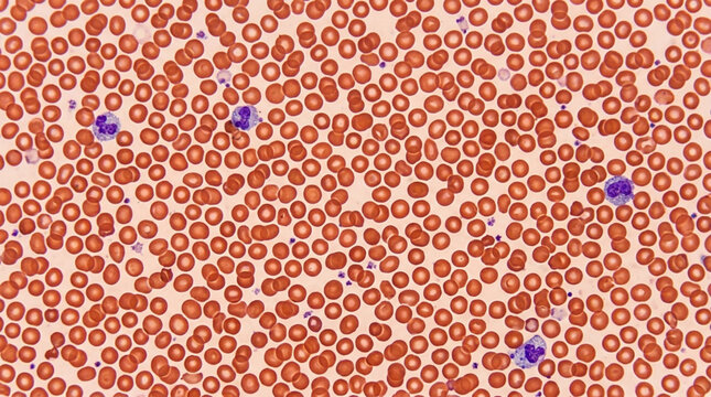 Microscopic view of human blood cells, red corpuscles and leukocytes