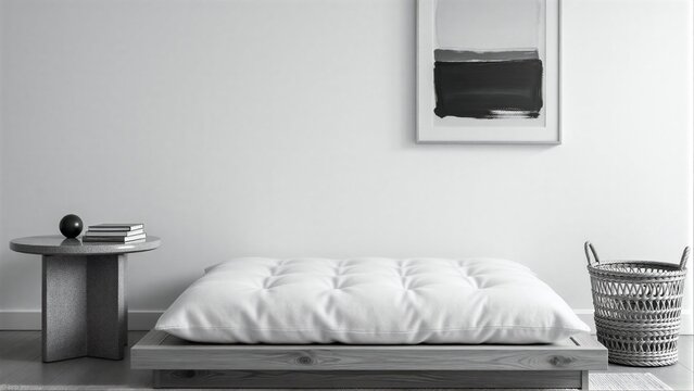 Minimalist room with white cushion, side table, basket, and framed artwork.