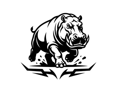 Aggressive Hippopotamus Mascot Logo Illustration for Sports and Gaming Branding, Black and White Vector Art.