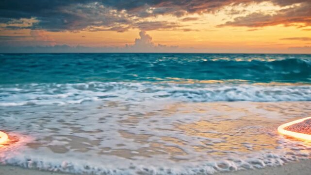 Gentle ocean waves washing ashore on a sandy beach at sunset, with warm orange and dramatic cloud sky, tropical paradise, serene natural beauty