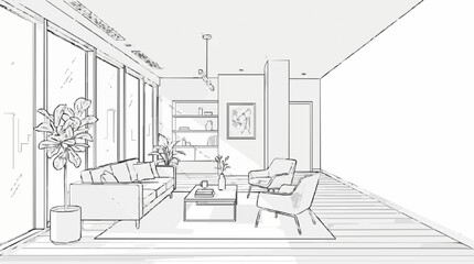 Fototapeta premium Interior design sketch of a modern living room with sofas, armchairs, and a coffee table