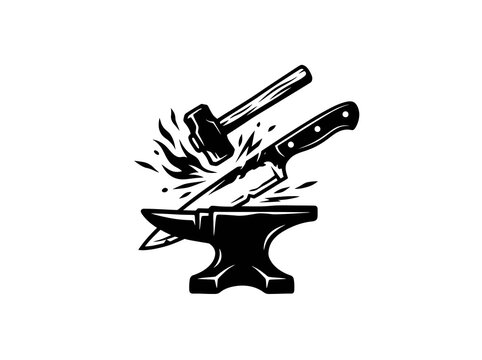 Monochromatic Vector Illustration of Blacksmith Forging Knife on Anvil with Hammer and Sparks, Metalworking Craft