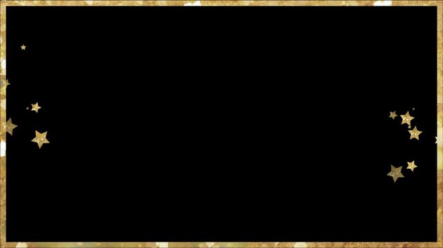Rectangle frame encloses a deep black center framed by a textured gold border with scattered star icons.