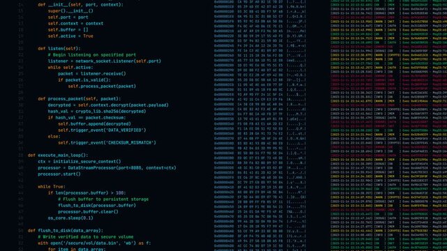Source Code Terminal Screen Scrolling Programming Script with Multi-Color Syntax Highlighting for Hacking Background