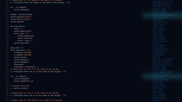 Computer source code scrolling with syntax highlighting and cyan light streaks on black background for software development terminal interface.