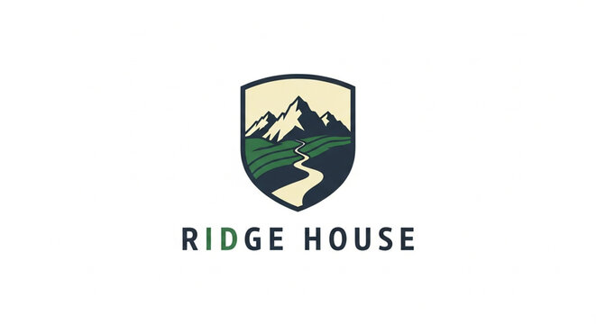 Mountain Ridge Emblem: A stylized shield featuring a majestic mountain range and a winding path through green hills, representing a sense of adventure and natural beauty.