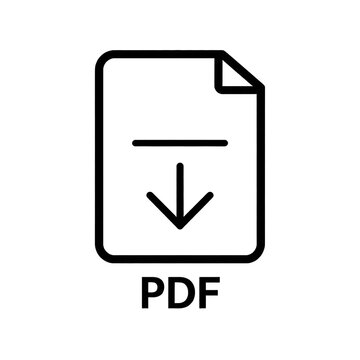 Minimalist outline of a PDF document icon with a download arrow and 'PDF' text, glowing softly against a solid black background.