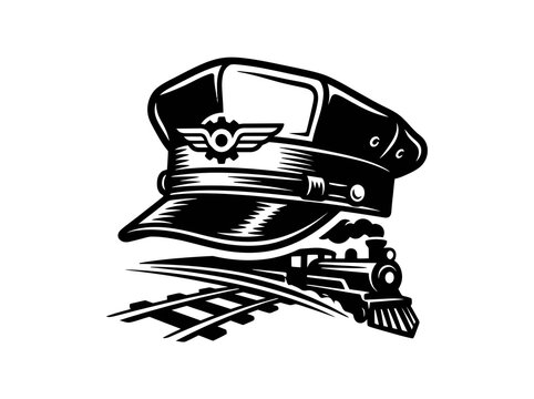 Train Driver Hat and Locomotive on Tracks, Vector Black and White Line Art Icon